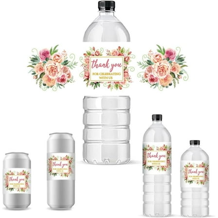 30pcs Flower Water Bottle Labels Thank You for Celebrating with Us Waterproof Stickers 2.5" x 8.5" Water Bottle Wrappers Wraparound Labels for Birthday Party Wedding Supplies Shower