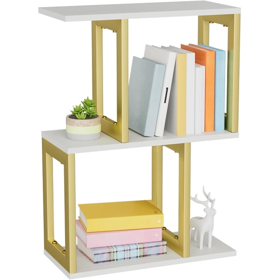 Book Shelf, 3-Tier Small Bookshelf for Desk Organizer Corner Bookshelf Table Top Shelving, White & Gold Decor Aesthetic Desk Hutch for Office Home Dorm