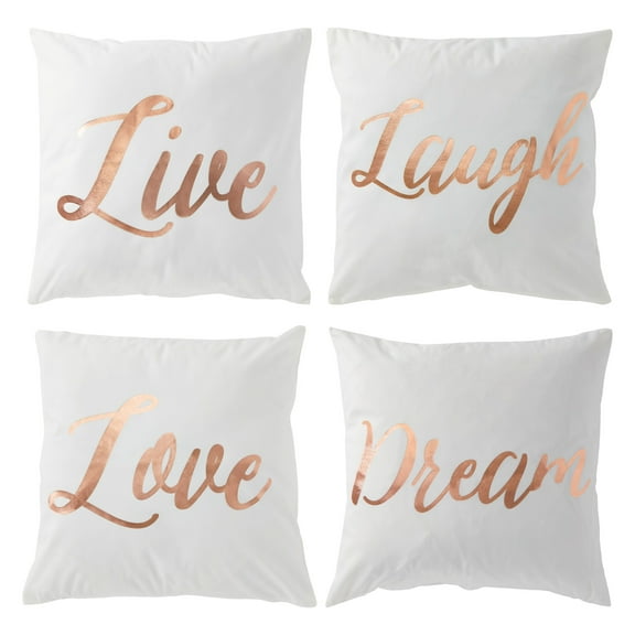 Set of 4 Rose Gold Throw Pillow Covers, 17x17 Inch Decorative Pillow Cases with Live, Laugh, Love, Dream in Elegant Script