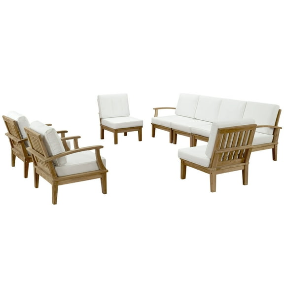 Modern Contemporary Eight PCS Outdoor Patio Teak Sofa Set, White, Fabric, Wood