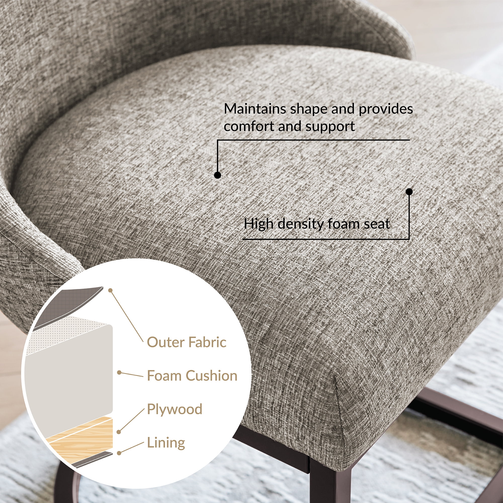 Upholstered Barrelback Dining Chair with Brown Metal Base, Set of 2