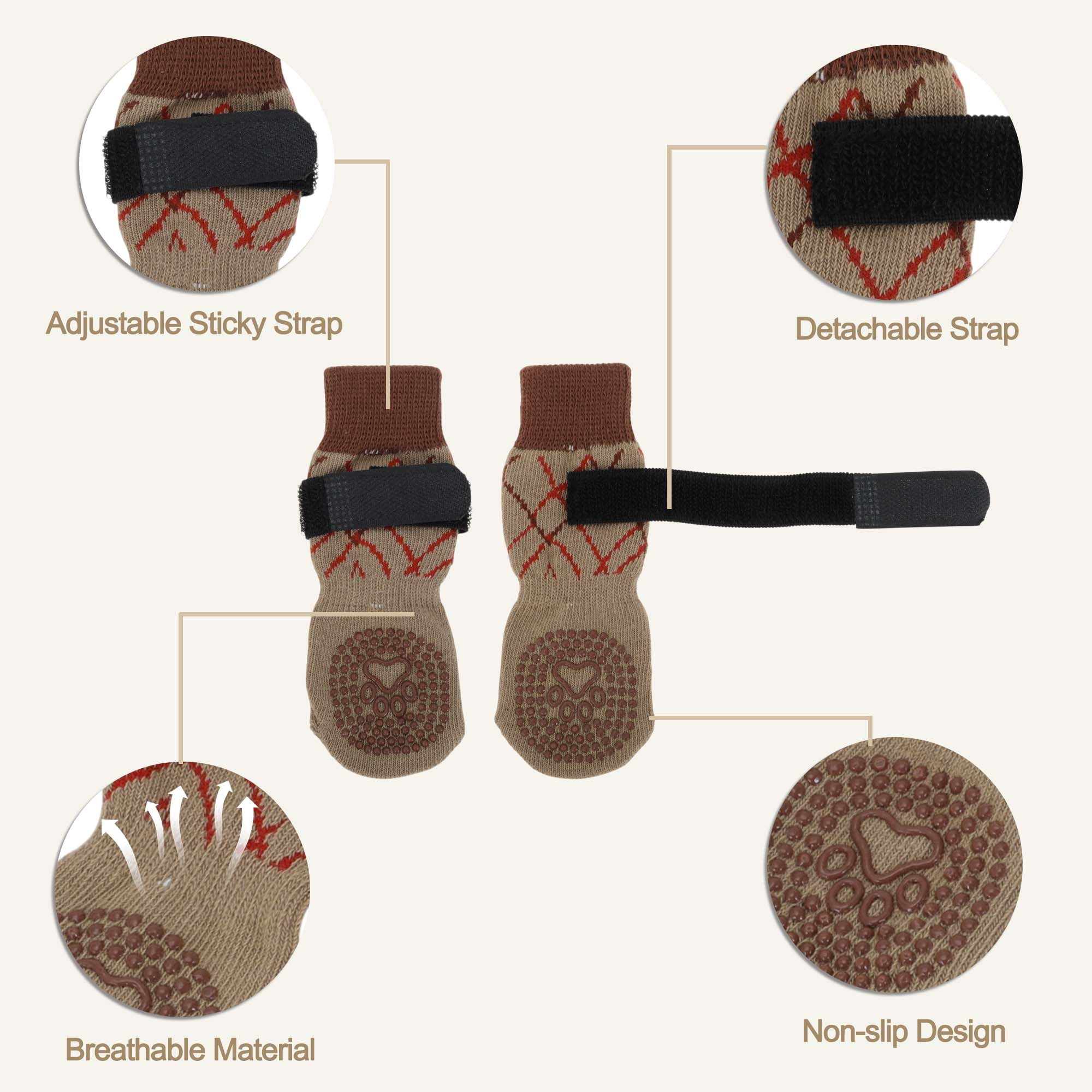 Unique Bargains 4Pcs Non-Slip Dog Socks with Adjustable Tapes Beige M