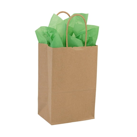 SSWBasics Small Recycled Natural Kraft Paper Shopping Bags - 5 ¼”L x 3 ½”D x 8 ½”H - Case of 250