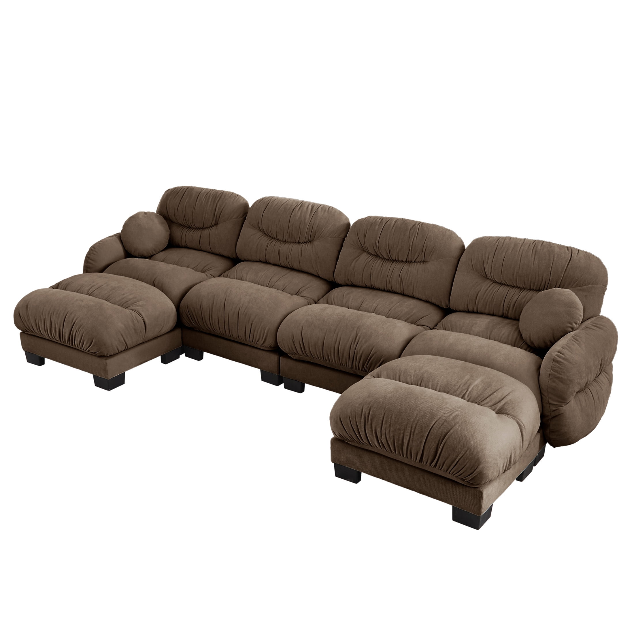 Noble House Corlan Pleated Chenille 4-Seater Sectional Sofa, Modular Deep Seat Couch with 2 Ottomans and Throw Pillows, Brown