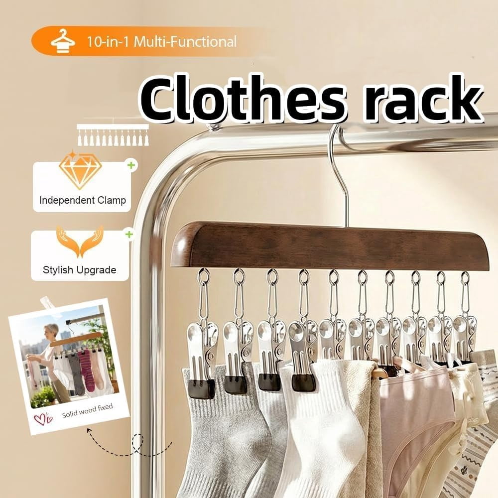 2026 New Pure Wood Rotating Closet Organizer with 12 Clips - Vertical Space Saver & Wrinkle-Free Storage Solution, Multi-Layer Solid Wood Rotating Hanger, for Jeans Leggings Skirts Hats (5, Nature)