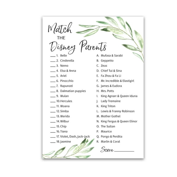 GREENERY Baby Shower Games — CARTOON PARENT MATCH Game — Pack of 25 — Gender Neutral Floral, Green Leaves Branch, Fun Match the Cartoon Parents Baby Shower Activity G320-DPM