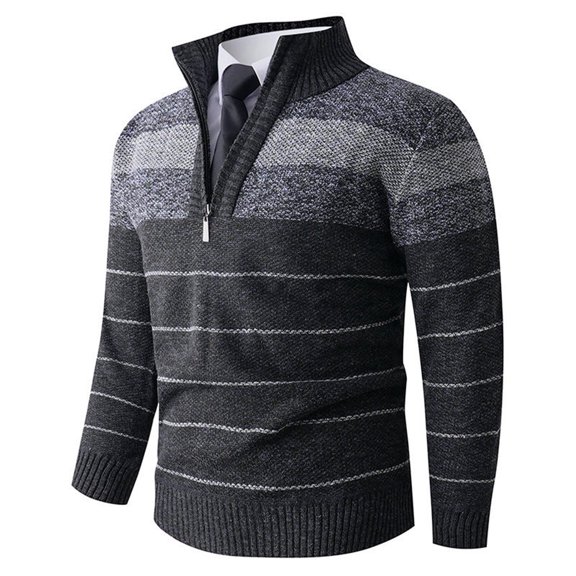 BaoFuBaoMei Mens Quarter Zip Sweaters Big and Tall Ribbed Trim Fleece Lined Long Sleeve Sweater Striped Stretchy Fall Winter Tops