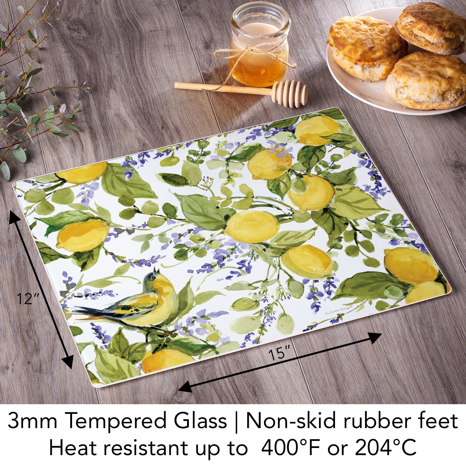 CounterArt Watercolor Lemons 3mm Tempered Glass Cutting Board 15" by 12"