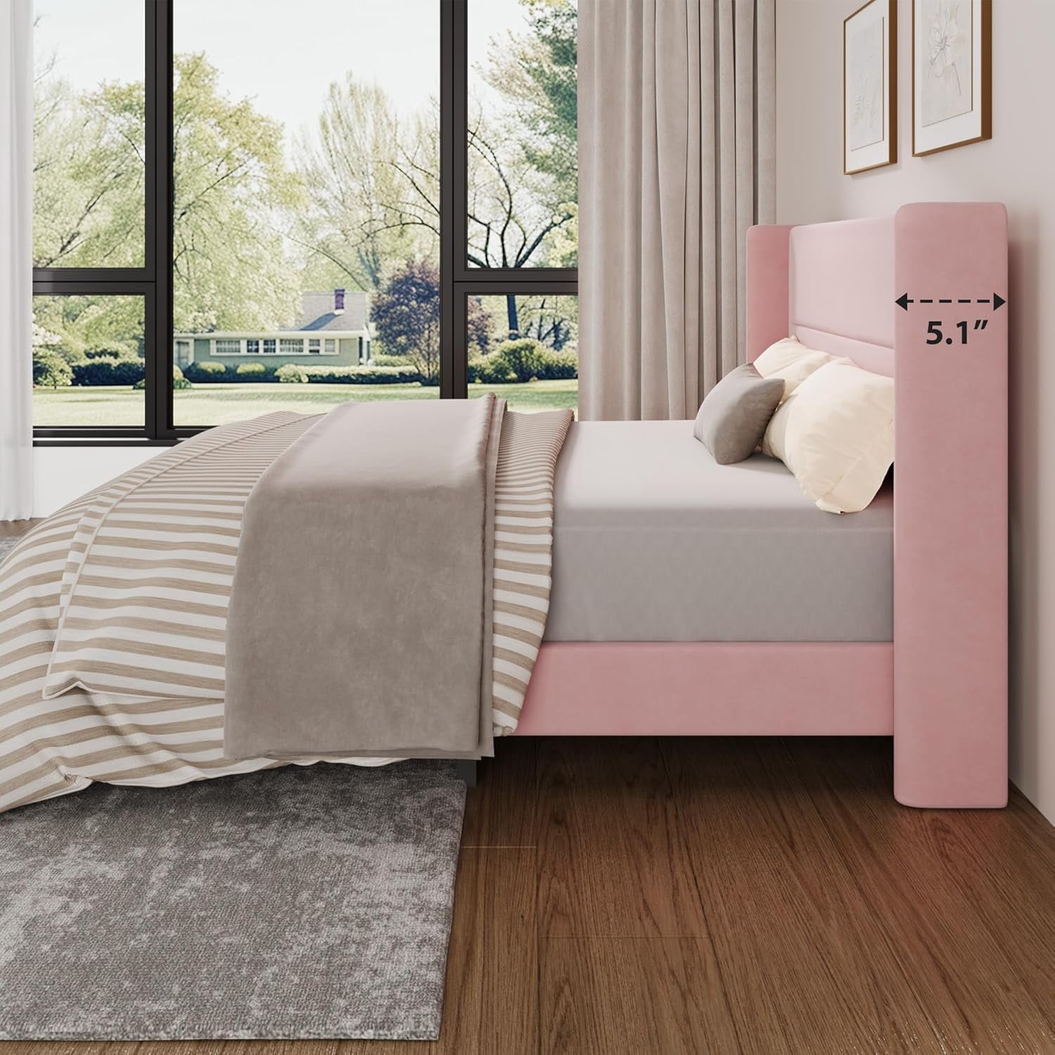 IDEALHOUSE Queen Size Bed Frame with Wingback Headboard, Velvet Upholstered Platform Bedframe with Wood Slats, No Box Spring Needed, Easy Assembly, Pink