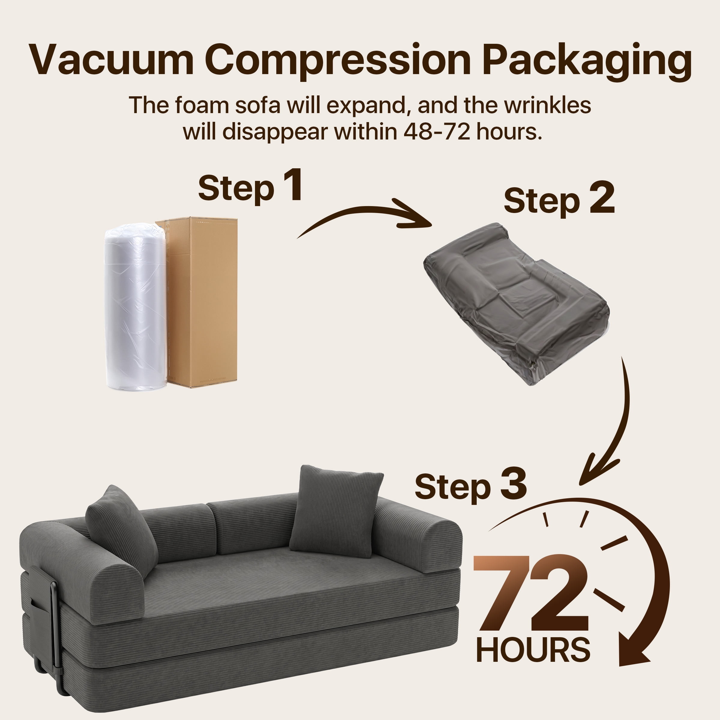 Modular Sectional Sofa Couch with Two Storage Bag, Plush Corduroy Upholstered Couch, Modern Sleeper Couches for Living Room, No Assembly Required, Gray