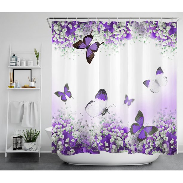 HVEST Butterfly and Flower Shower Curtain Purple Plant and Insect ...