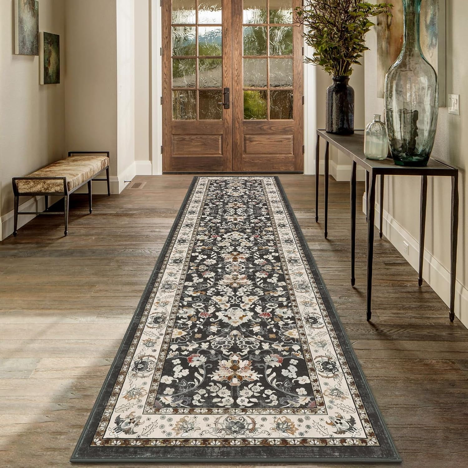 MJIAexp 2' x 8' Boho Floral Kitchen Runner Rug Machine Washable Runner Rug Non-Slip Hallway Runner Laundry Rug Throw Carpet for Living Room Bedroom Dining Room Entryway Kitchen Black