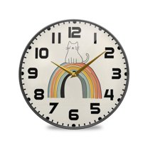 Yayeee Wall Clock for Living Room 11.9 inch Battery Operated Round with Holder, White Cat Rainbow