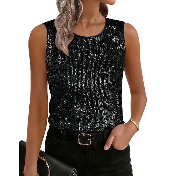 ClodeEU Women's Sequin Sleeveless Tank Top,Sparkly Crew Neck Camisole for Party Black,Womens Plus L