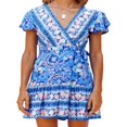 thumbnail image 1 of CNKOO Robe Bohème pour Femmes Motif Floral Manches Courtes Col en V Profond Design Taille Robe Courte Plissée Ample pour Vacances à la Plage, 1 of 6