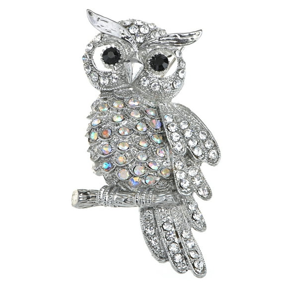 Alilang Crystal Rhinestone Perched Owl Silvery Tone Pin Brooch