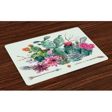 Ambesonne Cactus Place Mats Set of 4, Thorny Boho Blossoms, Standard Size, Multicolor