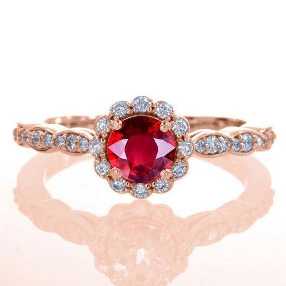 Antique Vintage Design 1.75 Carat 6mm Round Cut Red Ruby and Moissanite Diamond Engagement Ring in 10k Rose Gold for Women on Sale