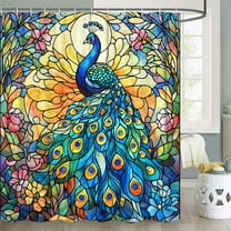 Peacock Shower Curtain,Boho Vibrant Stained Glass Design and Floral Fabric Shower Curtains Set for Bathroom Decorative,Colorful Vintage Restroom Decor Accessories with 12PCS Hooks,69X70 in