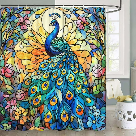 Peacock Shower Curtain,Boho Vibrant Stained Glass Design and Floral Fabric Shower Curtains Set for Bathroom Decorative,Colorful Vintage Restroom Decor Accessories with 12PCS Hooks,69X70 in