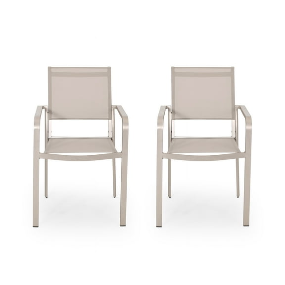 Noble House Cape Coral Patio Dining Arm Chair in Silver and Taupe (Set of 2)