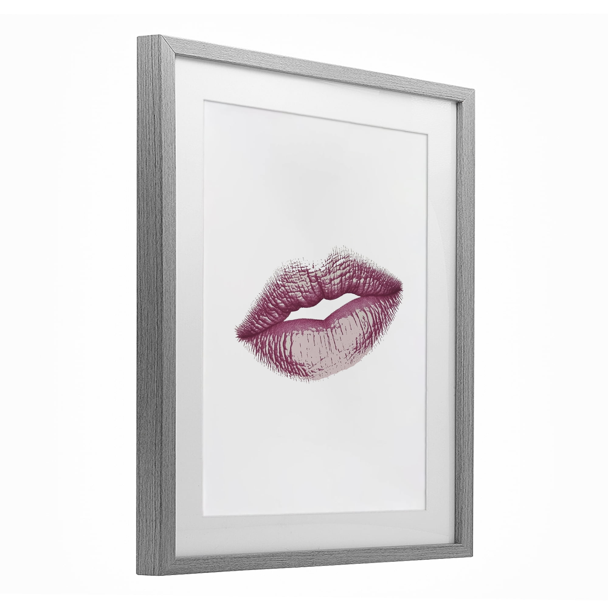 Feminine Pink Lips Glam Gray Framed Print Under Glass, design by Christine Simpson Art