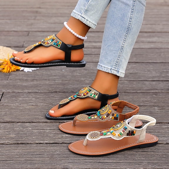 Miluxas Women's Rhinestone Boho Summer Western Sandals Glitter Thong Flip Flops Trendy Beach Sandals Brown 9.5(43)