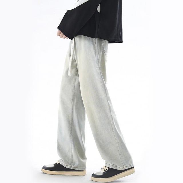 Pantalones largos para hombre, con bolsillo exterior, cintura elástica, cordón ajustable, color sólido, de mezclilla, pierna ancha, pantalones para hombre