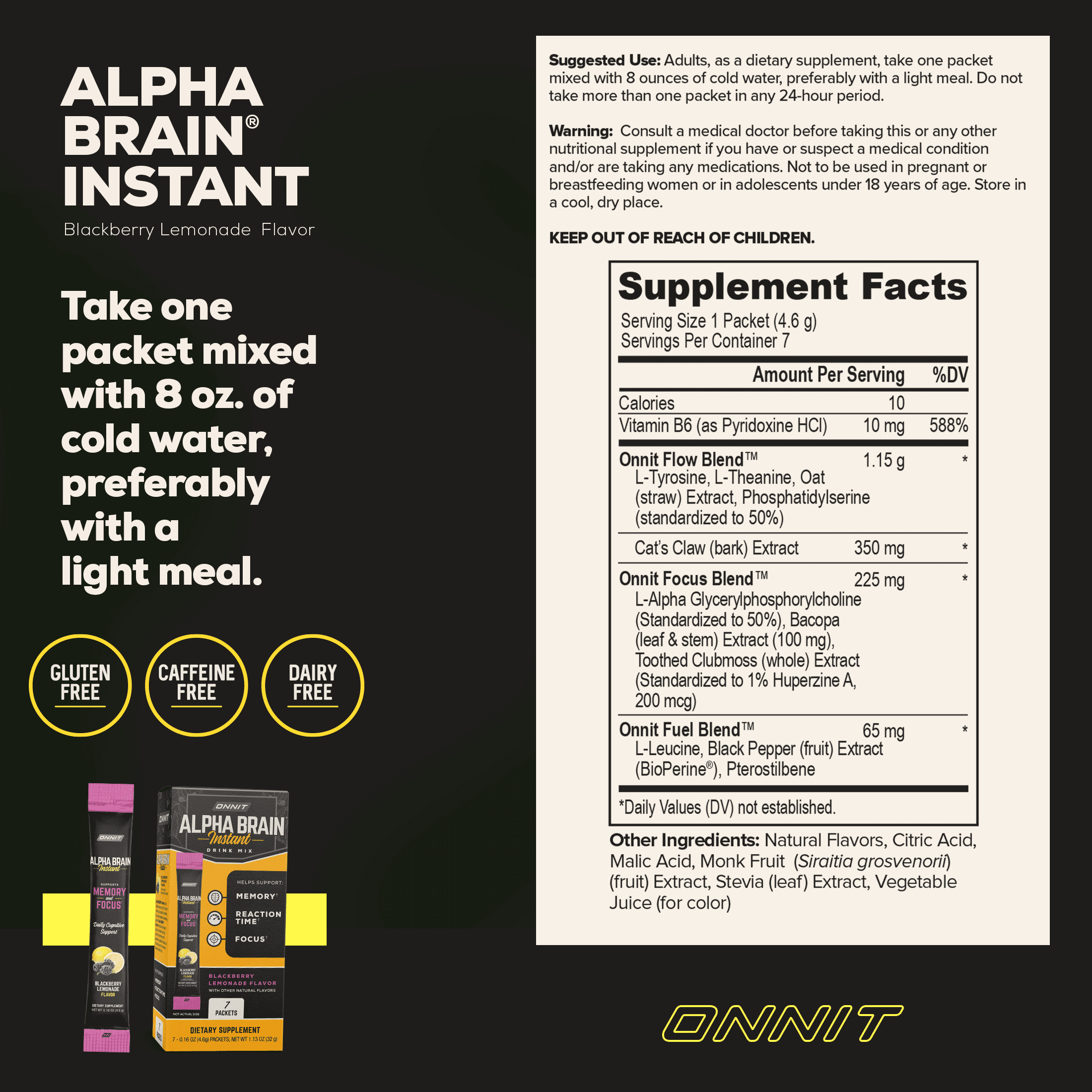 (2 pack) ONNIT Alpha BRAIN Instant Nootropic Brain Blackberry Lemonade Drink Mix, Memory/Focus, 7 Ct