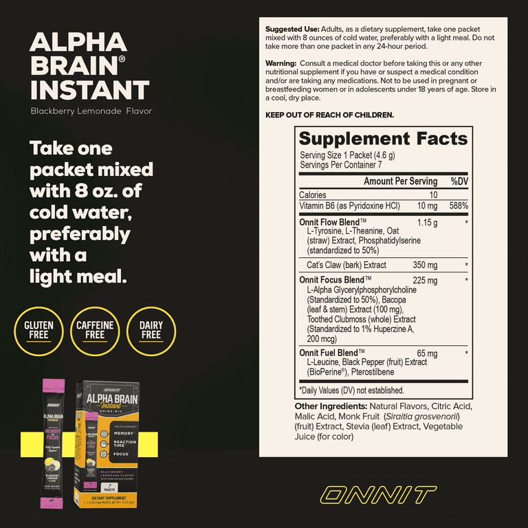 Onnit Blackberry Lemonade Memory & Focus Alpha Brain Instant Nootropic Brain Drink Mix - 0.16 oz