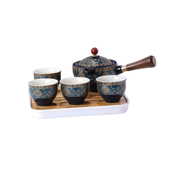Fufafayo under $5 Tea Set, 360 Degree Rotating Tea Set, Semi Automatic Teapot, Porcelain, with Tray, for Home, Office, Gift, Tea Ceremony, Reception and Lounge