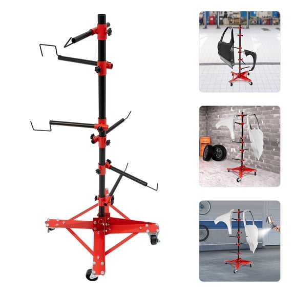 Panel Tree Paint Stand, Panel Holder, Adjustable Center Post Hang Automotive Doors Fenders Bumpers 6 Hooks 4 Wheels
