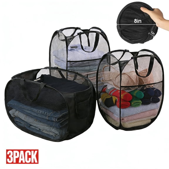 USIONE 3 Pack Pop Up Mesh Laundry Hamper Collapsible Laundry Baskets with Side Pocket - Breathable,Sturdy,Foldable Design for Home, Dorm, Travel and Storage(Black)