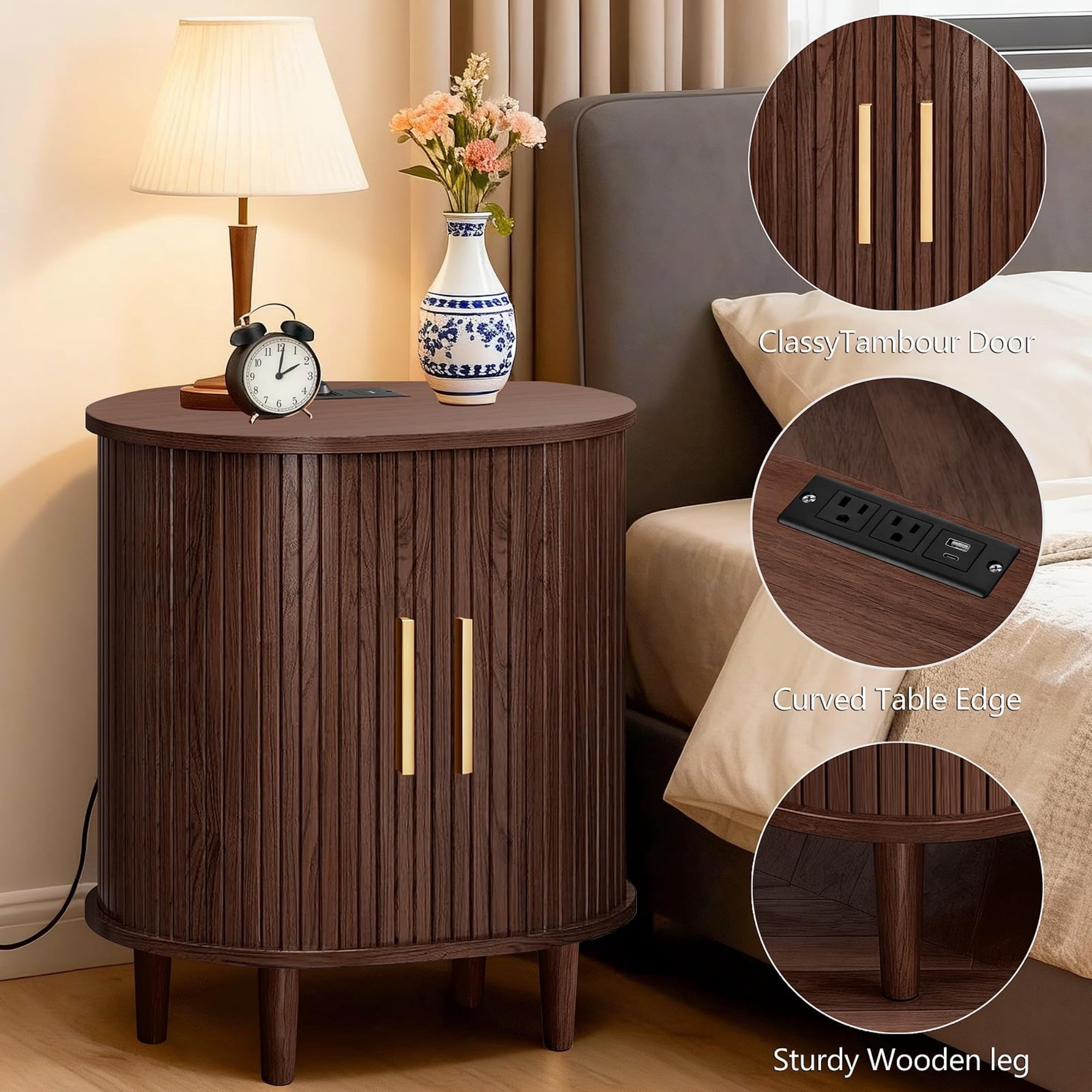 Mid Century Modern Nightstand Set of 2 with Charging Station, Fluted Side Table with Sliding Door & Adjustable Shelf, Coffee