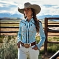thumbnail image 3 of Women Light Blue Western Botanical Print Blouse with Stand Collar Long Sleeves Slim A Line Button Up Shirt, 3 of 3