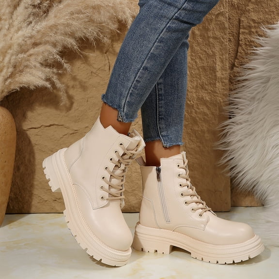 Willtoo Women’s Platform Combat Boots, Lace Up Side Zipper Chunky Lug Sole Ankle Booties, Anti Slip Comfortable Leather Boots, Fashion Goth Short Boots for Fall Winter