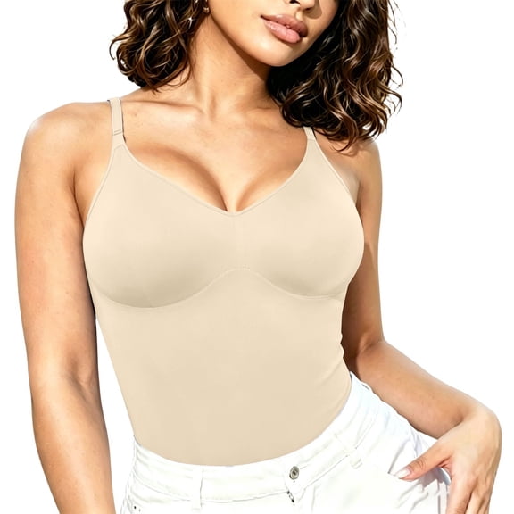 GZWYHT Bra Tank Tops For Women V Neck Racer Back Tank Top For Women Padded Ribbed Long Tank Fitted Basic Cami Tops Bodysuits Tops Beige L