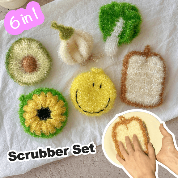 6pcs Hand-Knitted Non-Scratch Dish Scrubbers Set, Reusable Multipurpose Kitchen Scouring Pads for Dishwashing, Bathroom & Household Cleaning