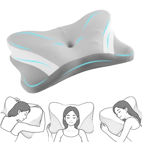 edx Queen Size Ergonomic Cervical Pillow for Pain Relief Sleeping, Contour Orthopedic Bed Pillow for Back Stomach Sleepers, Gray-White