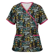 Mchoice Women's Floral Print Stretch Scrub Top with Pockets V-Neck Comfy Scrub Top Tunic Top