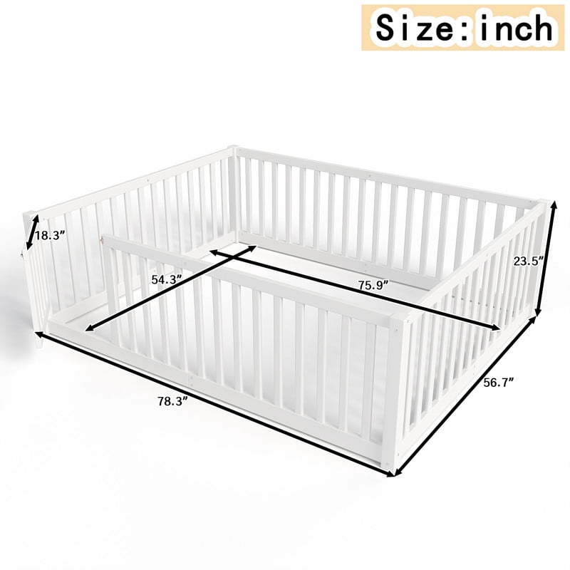 Bellemave Full Montessori Bed Frame, Wood Full Size Floor Bed with High Fence Rails, Full Beds Frame for Bedroom Playroom(White)