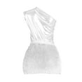 thumbnail image 4 of Baberdicy 2Pcs Women 2 Piece Outfits Clubwear One Shoulder Metallic Bodysuit Top Night Party Club Mini Skirt Set Bodycon Dresses for Women, Fringe Mini Dress White Mardi Gras, 4 of 5