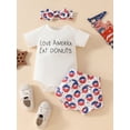 thumbnail image 2 of JYYYBF Baby Girl 4th of July Outfit, Letter Print Short Sleeve Romper Elastic Waist Shorts Bow Headband Toddler Summer Set, 2 of 6