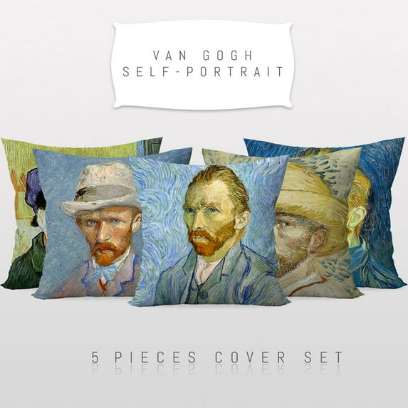3S Brother'S World Classic Art Masterpiece Series Set Of 5 Hidden Zipper Cushion Covers Vincent Van Gogh Self-Portrait - 12" to 30" Sizes Art Home Décor Printed On Both Sides Each Size (20"Wx20"L)
