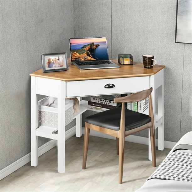 Escritorio Angular Costway Mesa para Estudiar Madera Pino Natural 105 x 71 x 76 cm