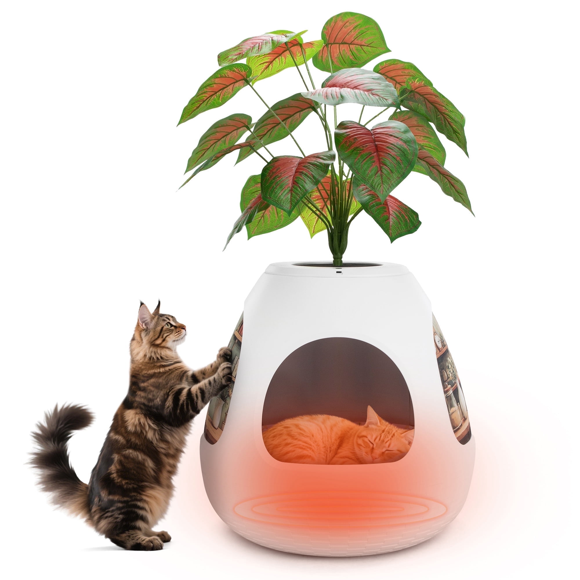 Jaxpety 4-in-1 Cat Bed for Indoor Cats, Large Cat House with Cat Scratcher, Odor Control & Plant Pot Design, Enclosed Cat Cave for Kitten & Adult Cats,White