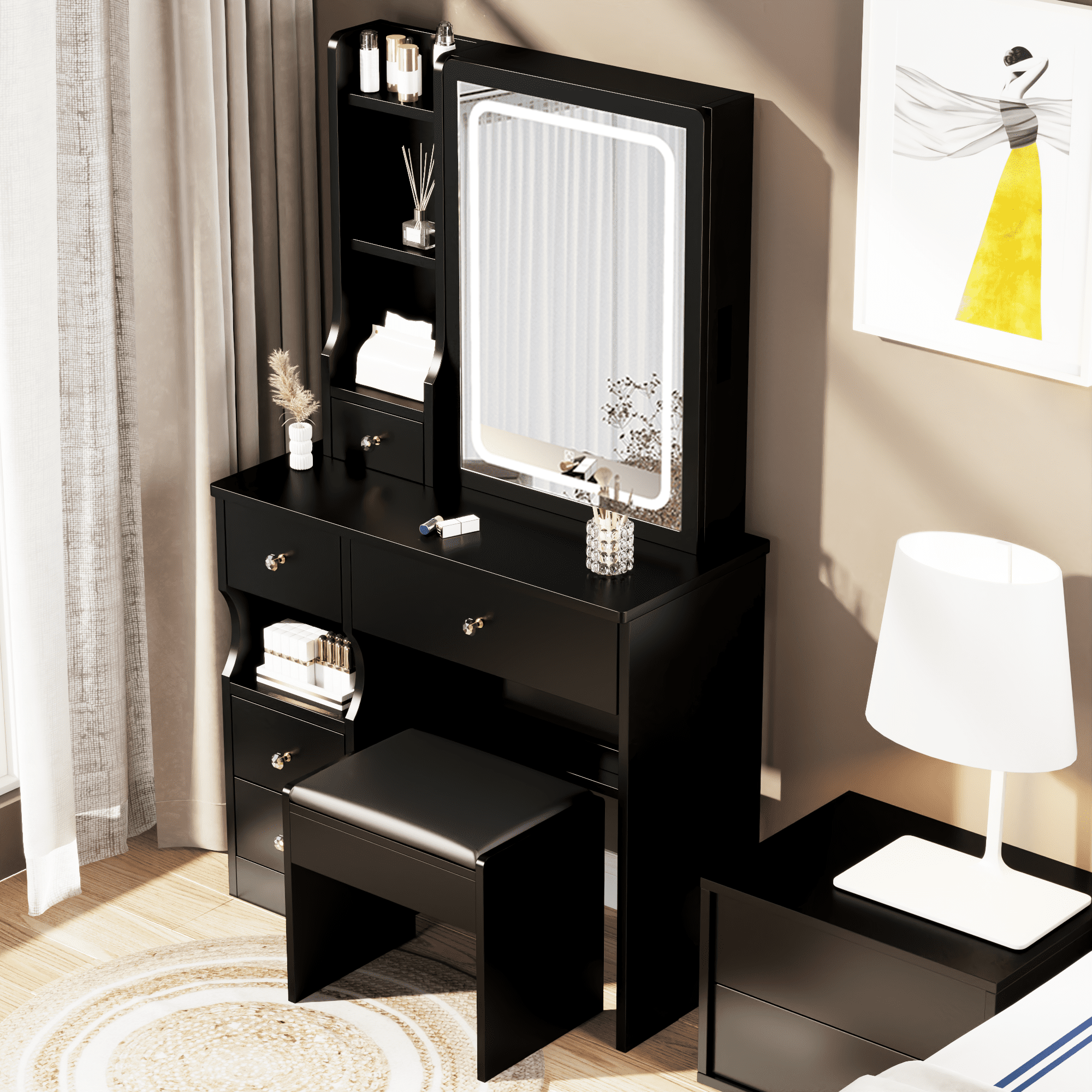 Resenkos Makeup Vanity Desk Set with Lighted Mirror & Stool, Bedroom Dressing Table with Large Drawers, Black