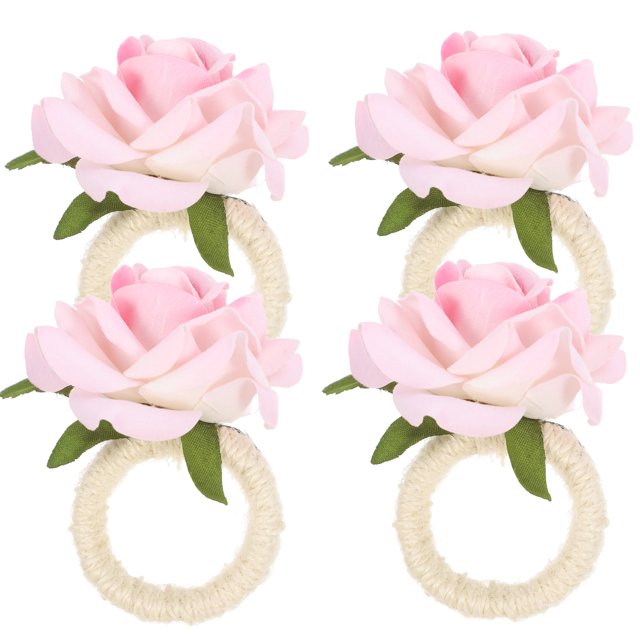 KAKOWELY 4 anillos para servilletas con forma de rosa y flores artificiales para bodas.