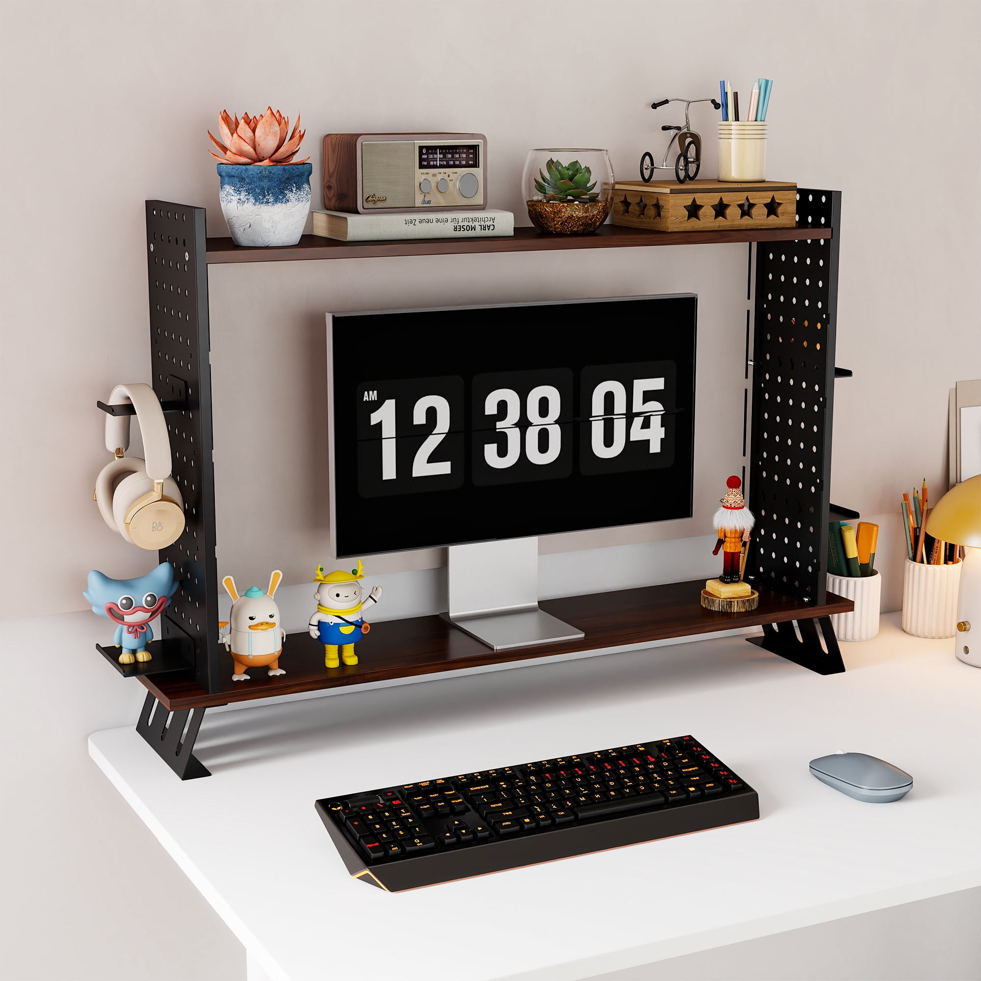 Gomok 2-Tier Desktop Bookshelf, Adjustable Desk Shelf Bookcase Storage Rack with Tray & Grid Panel, Black