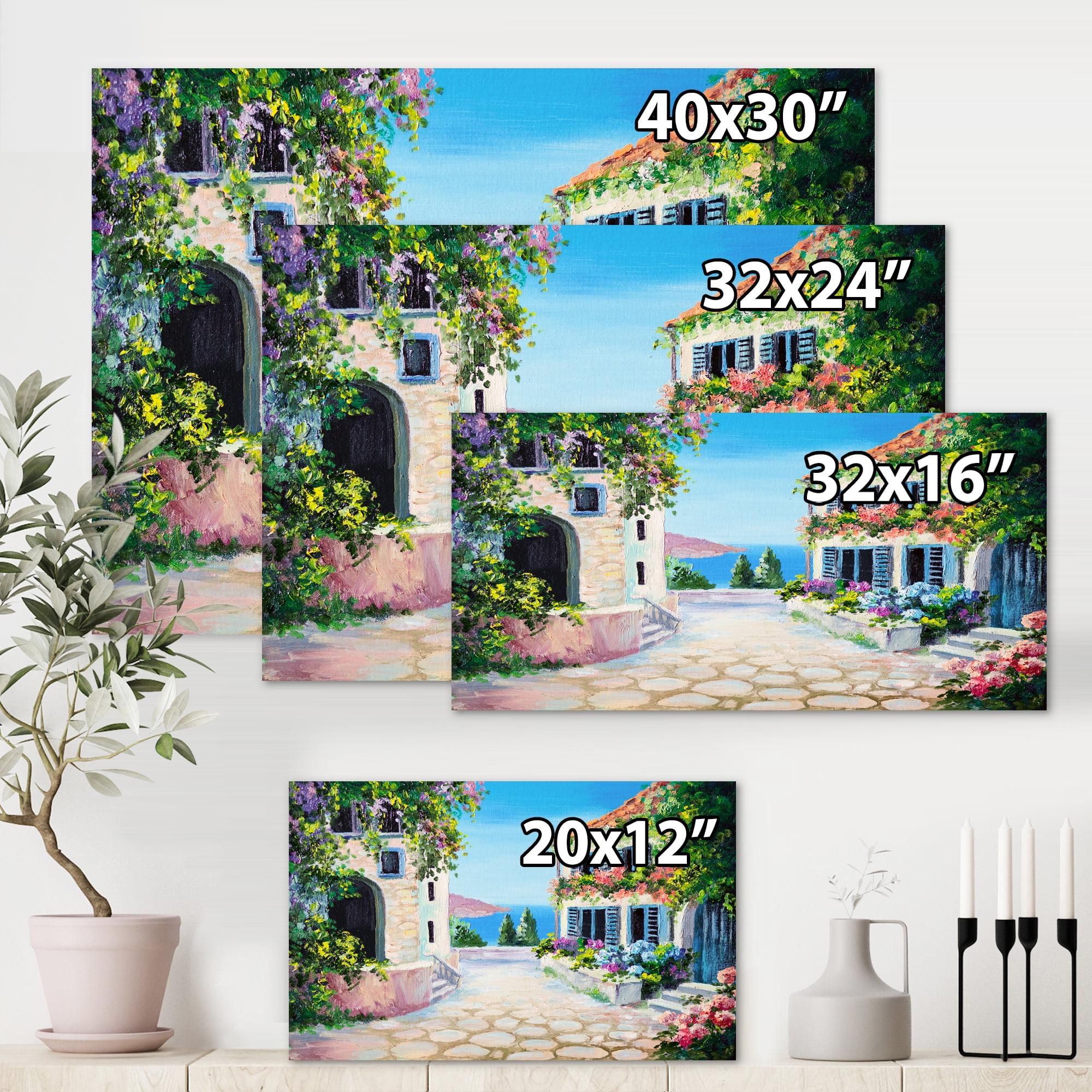 Designart ' Blossoming Flowers With White Houses With Near The Sea ' Nautical & Coastal Canvas Wall Art Print